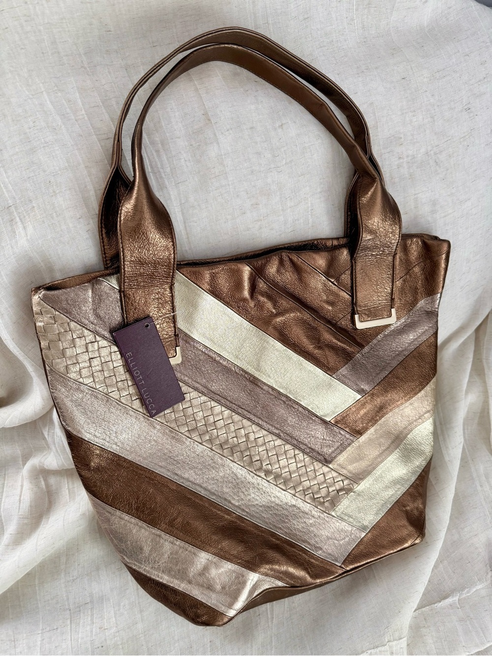 Elliott Lucca Metallic Bronze and Champagne Patchwork Leather Tote Handbag
